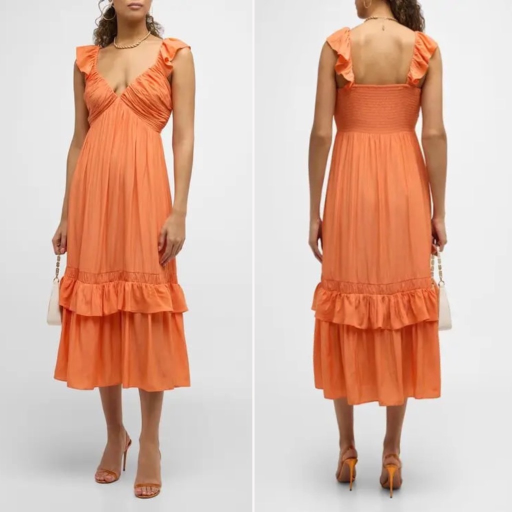 Ramy Brook | Nelly Pliss Midi Dress In Tropic Orange | Sz Xs/S
